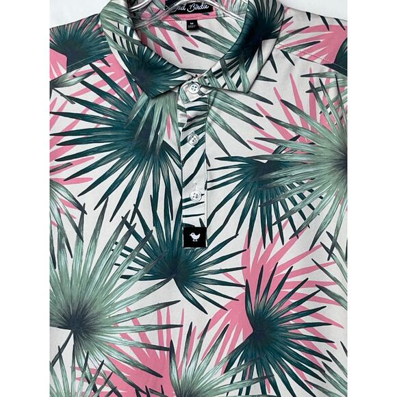 Bad Birdie Mens Med Pink/Green Palm Leaf Short Sleeve Vacation Golf Polo Shirt - Picture 6 of 7